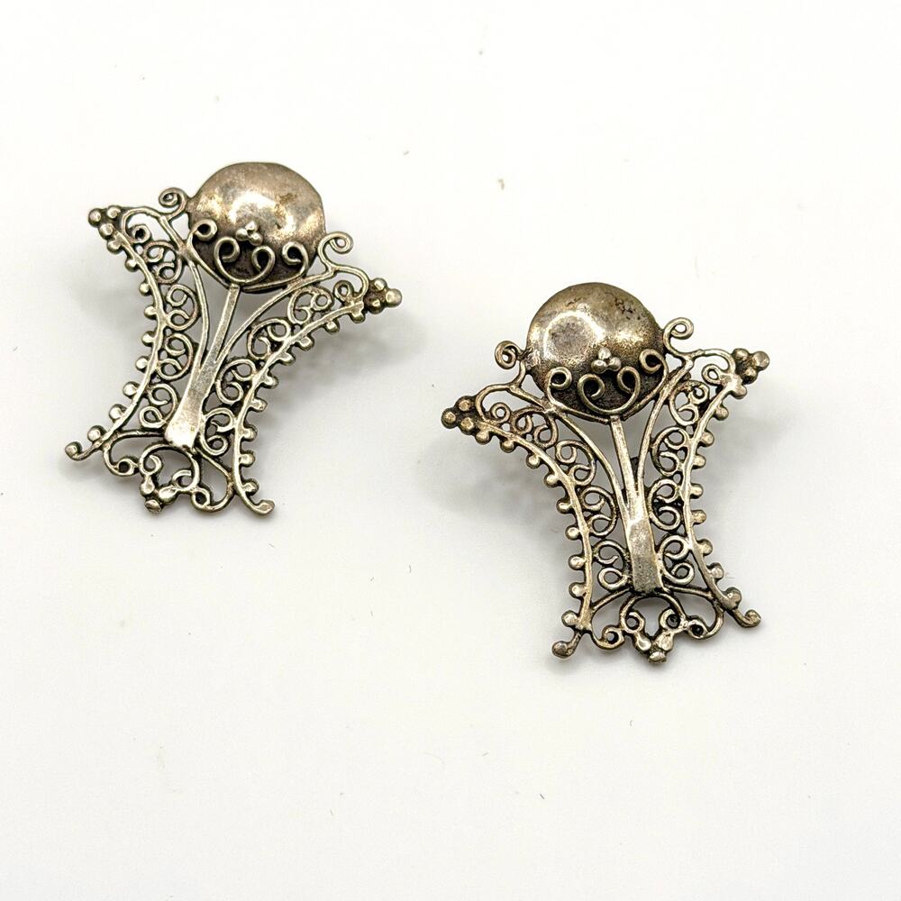 Vintage 80s Barcelona Spain Sterling Silver Stamped Filigree Post Earrings